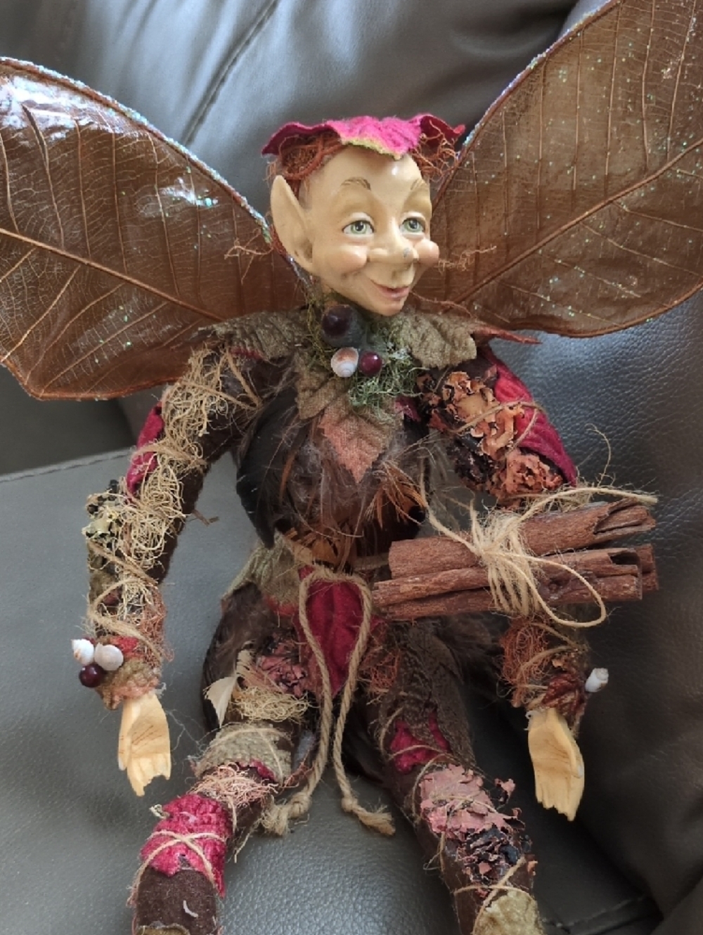 Handcrafted Fairy Doll with Leaf Wings - Brown & Rust Accents - Picture 6 of 7
